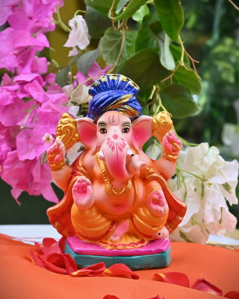 Colourfull Clay Ganesha idol with Blue Pagdi 4.5 inch