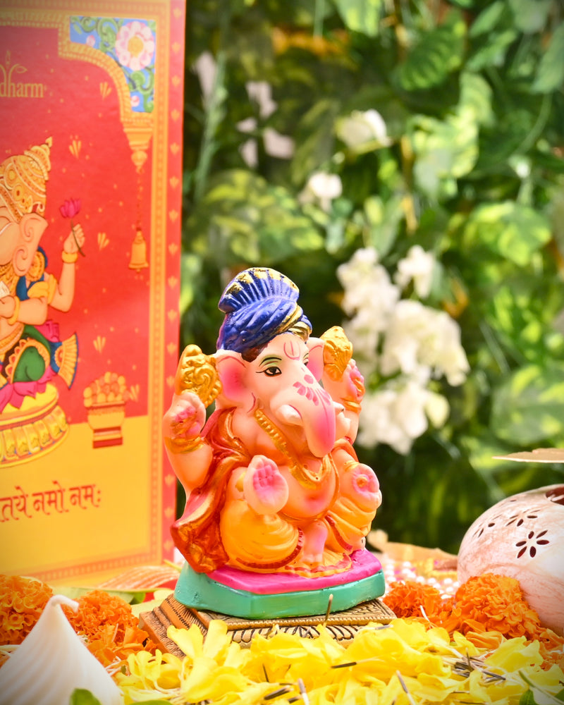 Colourfull Clay Ganesha idol with Blue Pagdi 4.5 inch