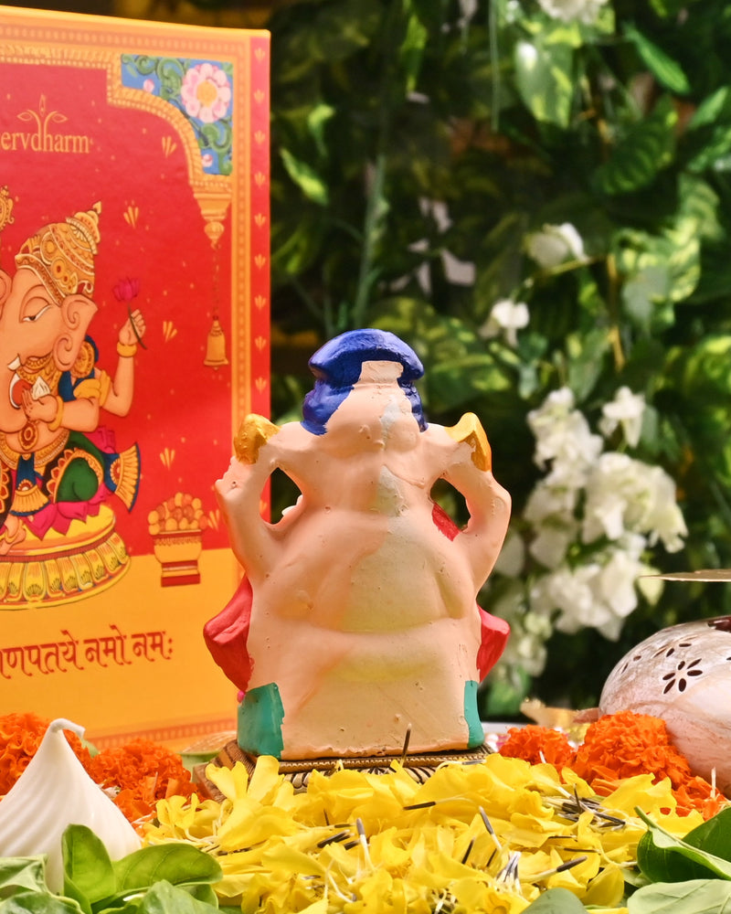 Colourfull Clay Ganesha idol with Blue Pagdi 4.5 inch