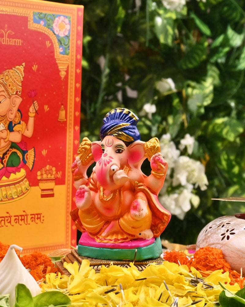 Colourfull Clay Ganesha idol with Blue Pagdi 4.5 inch