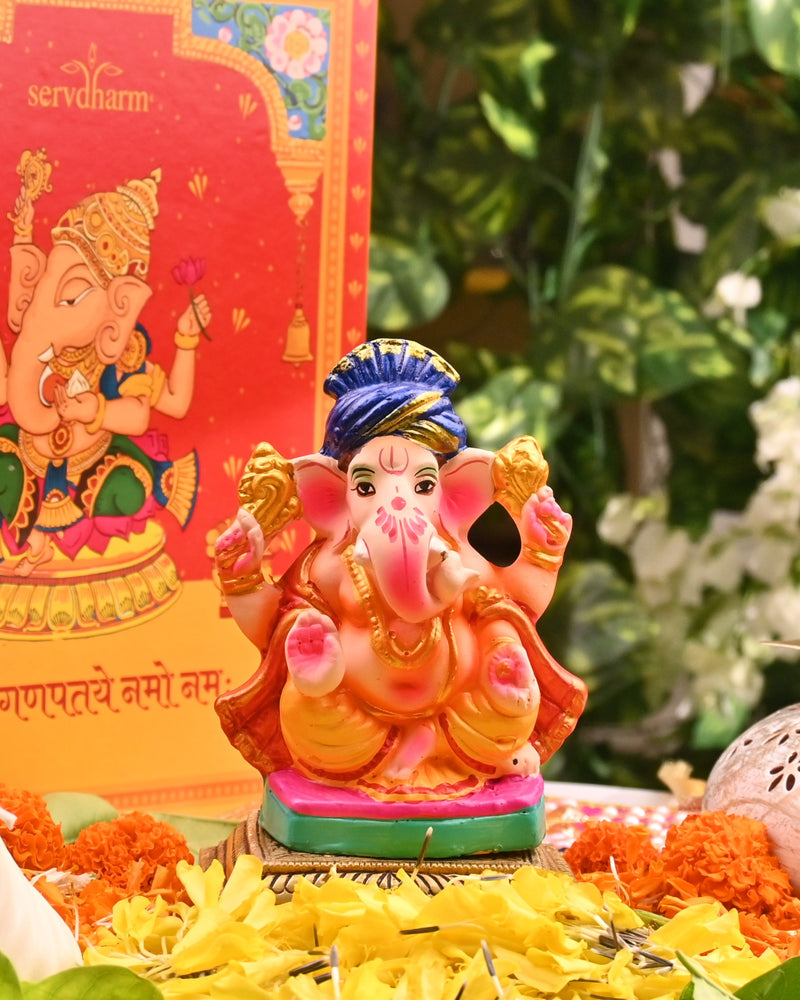 Colourfull Clay Ganesha idol with Blue Pagdi 4.5 inch