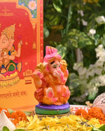 Colourful Clay Ganesha idol with Pink Pagdi 4.5 Inch