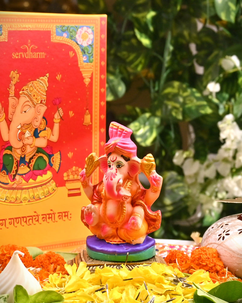 Colourful Clay Ganesha idol with Pink Pagdi 4.5 Inch