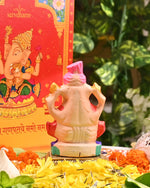 Colourful Clay Ganesha idol with Pink Pagdi 4.5 Inch