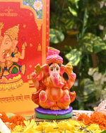 Colourful Clay Ganesha idol with Pink Pagdi 4.5 Inch