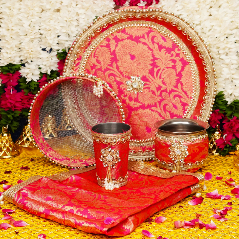 Purple Karwa Chauth Thali Set with Pearl Adornments | Luxury Edition | Set of 5