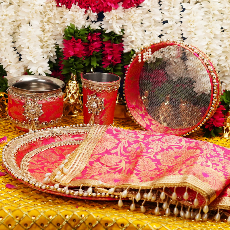 Purple Karwa Chauth Thali Set with Pearl Adornments | Luxury Edition | Set of 5