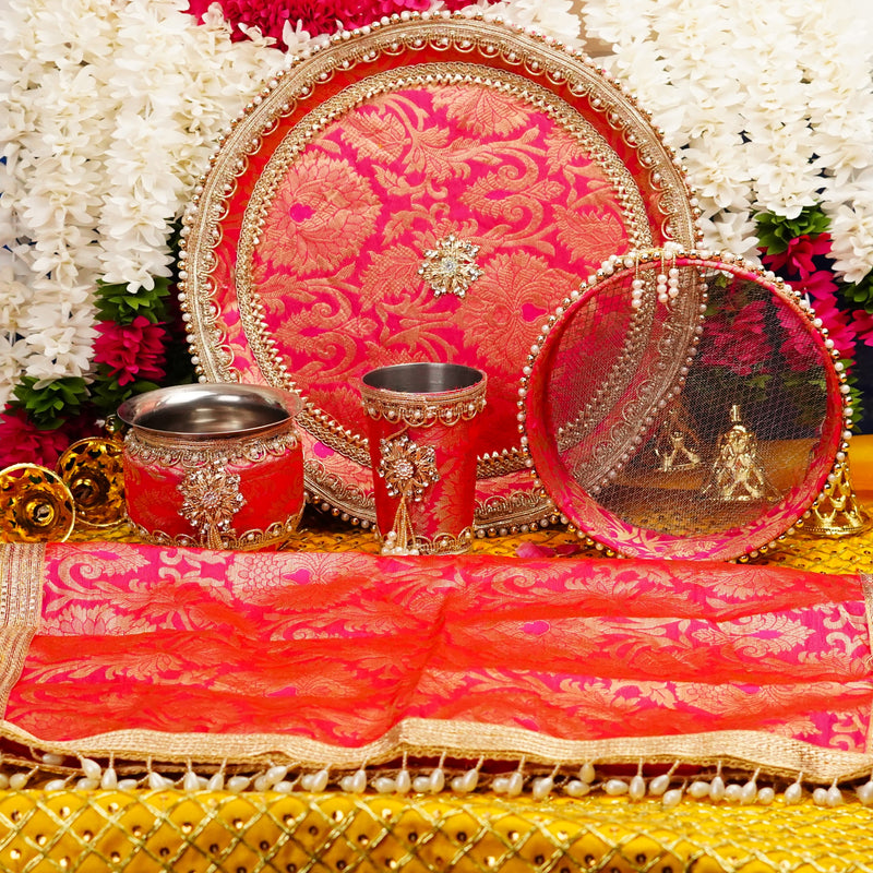 Purple Karwa Chauth Thali Set with Pearl Adornments | Luxury Edition | Set of 5