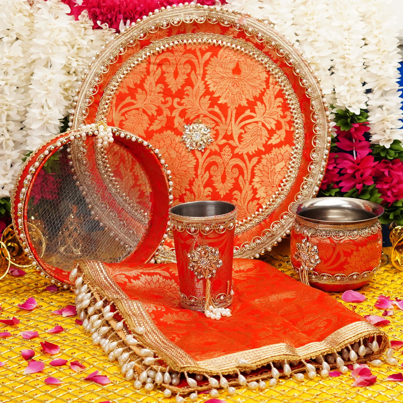 Vibrant Red and Gold Karwa Chauth Thali Set | Luxury Edition | Pack of 5