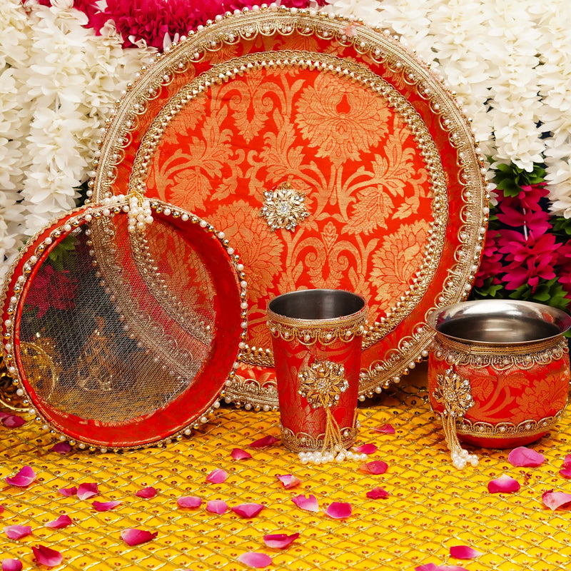 Vibrant Red and Gold Karwa Chauth Thali Set | Luxury Edition | Pack of 5