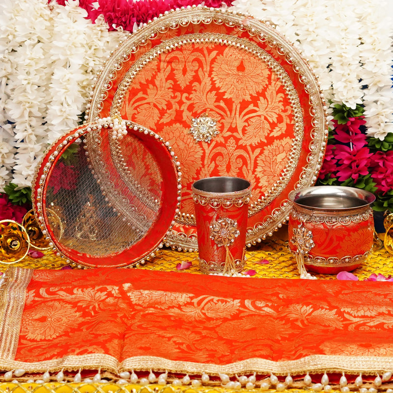 Vibrant Red and Gold Karwa Chauth Thali Set | Luxury Edition | Pack of 5
