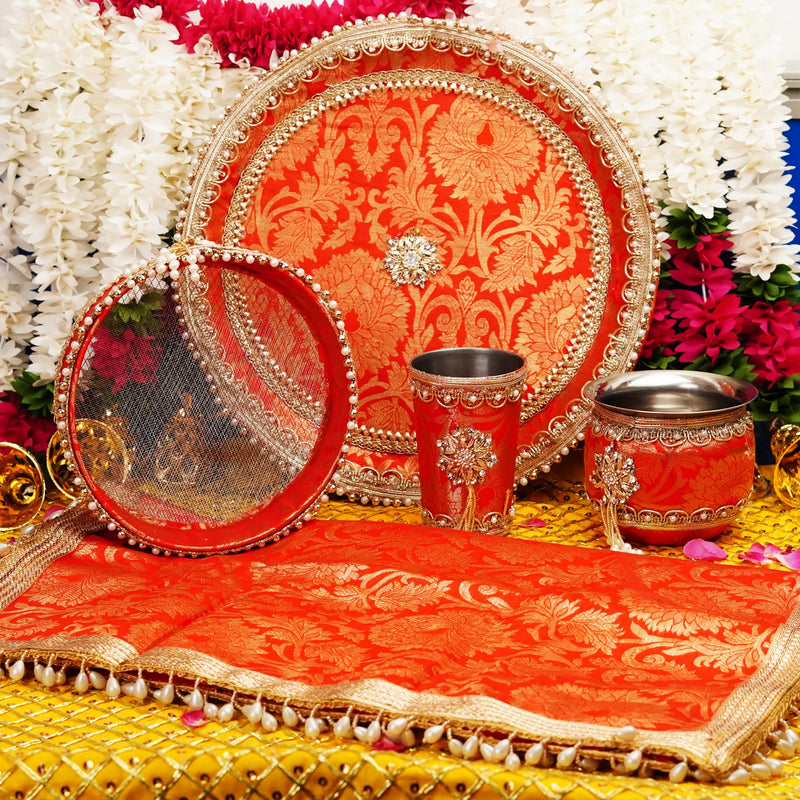Vibrant Red and Gold Karwa Chauth Thali Set | Luxury Edition | Pack of 5