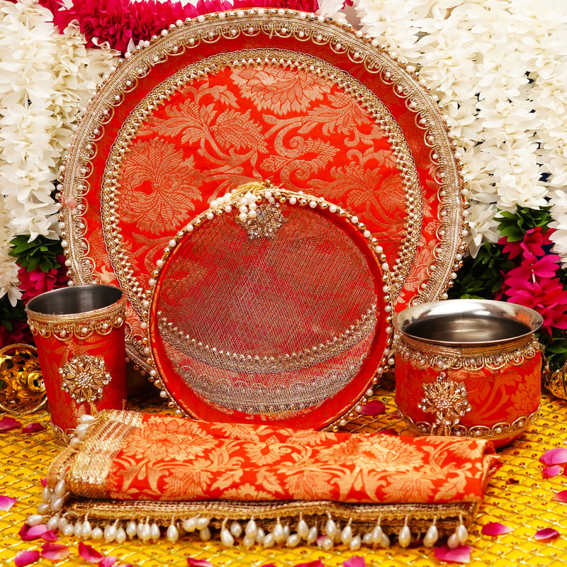 Vibrant Red and Gold Karwa Chauth Thali Set | Luxury Edition | Pack of 5