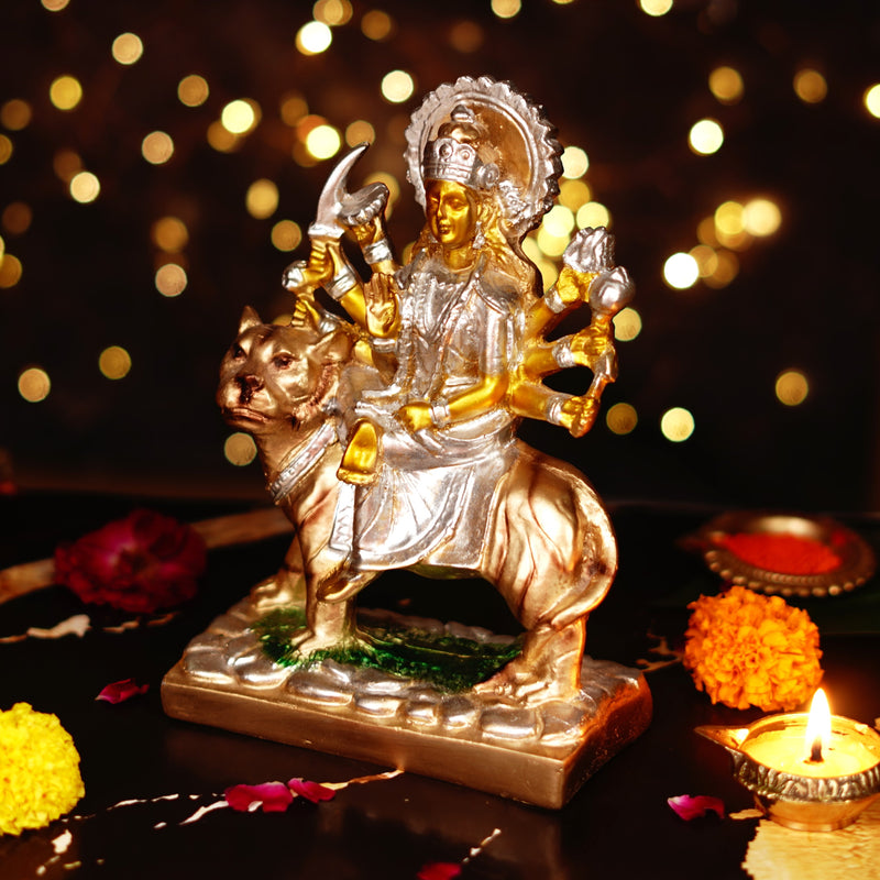 Silver and Gold Toned Maa Durga Resin Idol 7.5"
