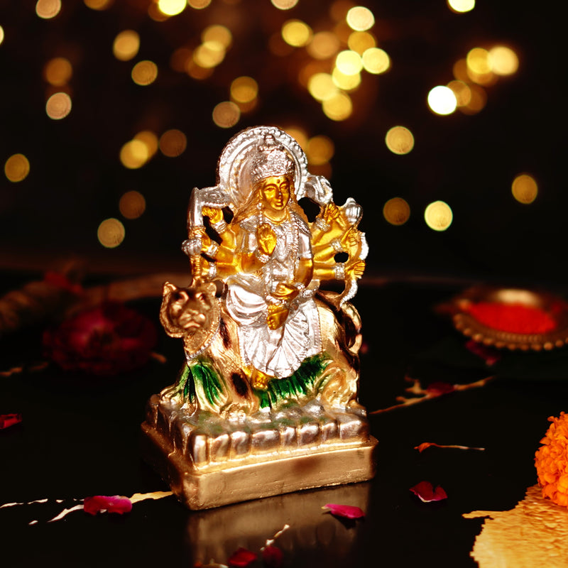 Silver and Gold Toned Maa Durga Resin Idol 5"