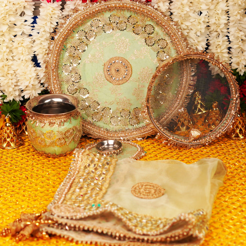 Sea Green Karwa Chauth Thali Set | Luxury Edition | Pack of 5
