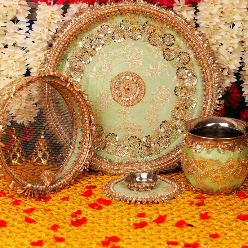 Sea Green Karwa Chauth Thali Set | Luxury Edition | Pack of 5