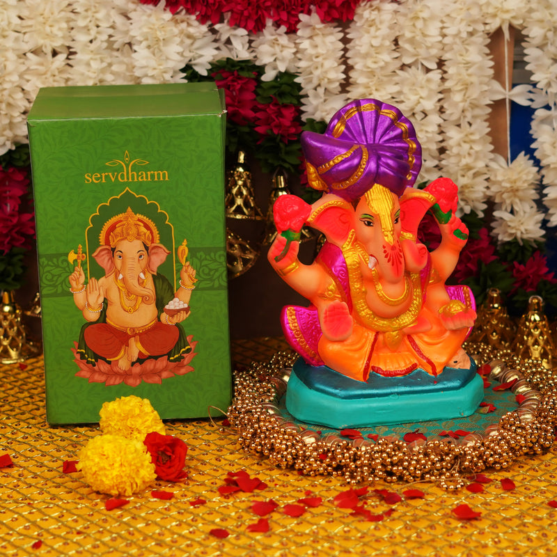 Vighnaharta  Pagdi Ganesha | Ganga River Mitti Idol 10 " | Dissolvable & Sustainable