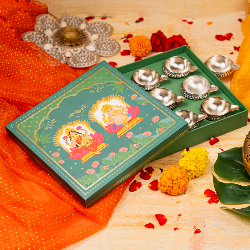 Ganesha Lakshmi Blessings Silver Plated Kuber Diya Gift Set (Set of 9 Diyas)