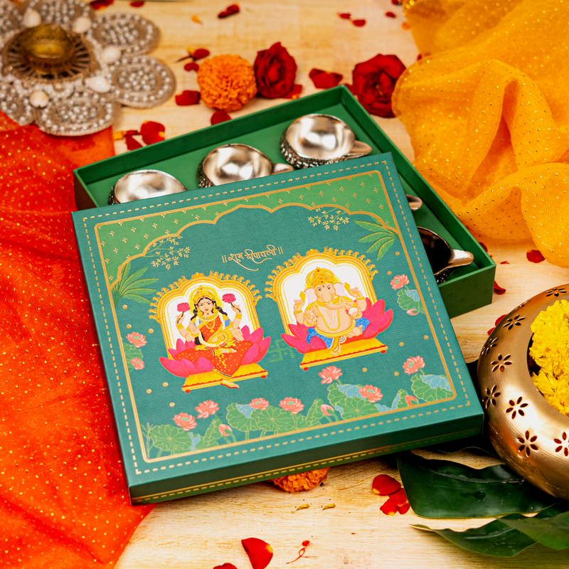 Ganesha Lakshmi Blessings Silver Plated Kuber Diya Gift Set (Set of 9 Diyas)