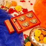 Pure Brass Kamal Diya (Set of 4 Diyas) Chandan Oil Gift Set