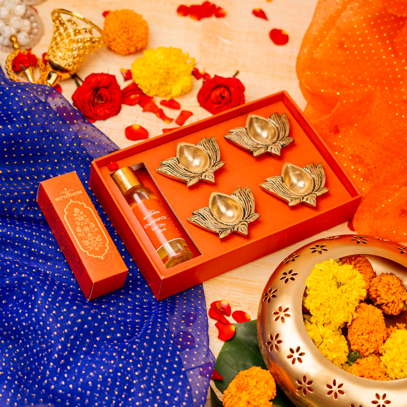 Pure Brass Kamal Diya (Set of 4 Diyas) Chandan Oil Gift Set