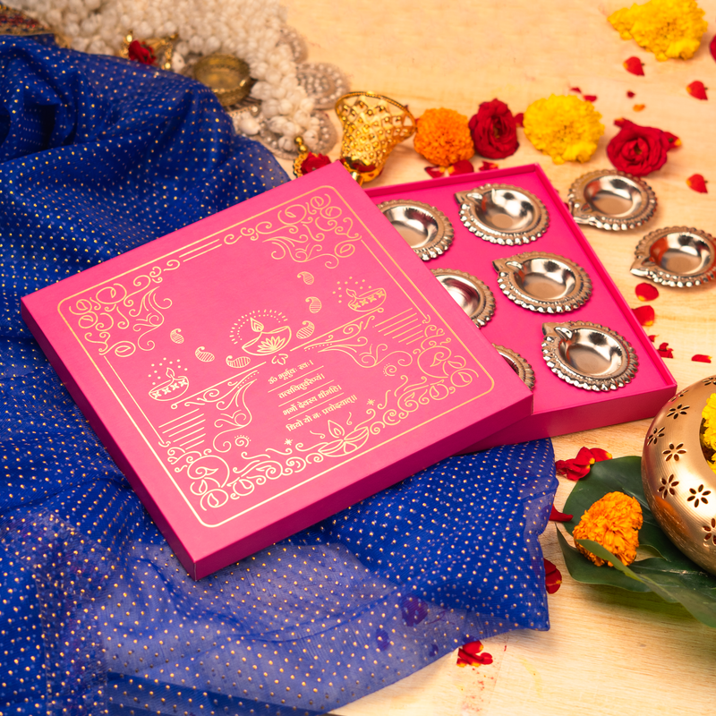 Silver Plated Decorative Diya Gift Set (Set of 9 Diyas)