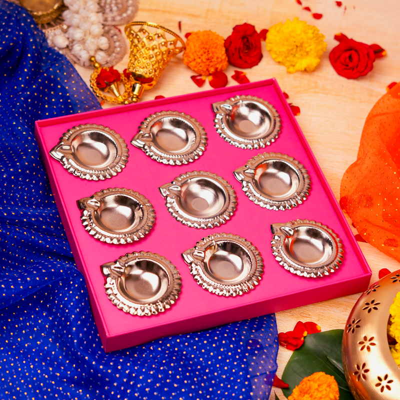 Silver Plated Decorative Diya Gift Set (Set of 9 Diyas)