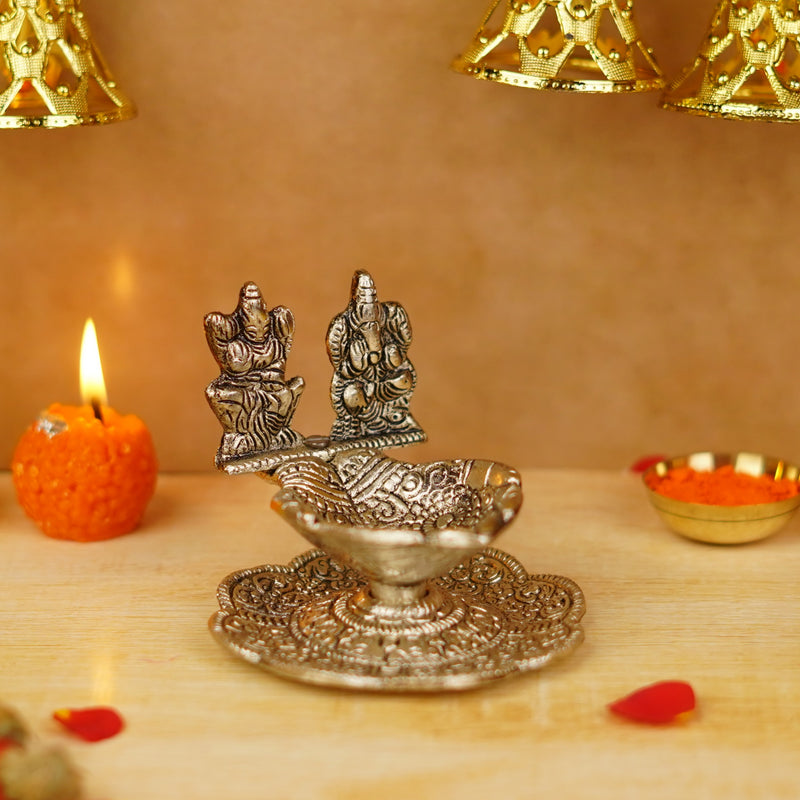 Silver Plated Hand Shaped Lakshmi Ganesh Diya 3.3 inch