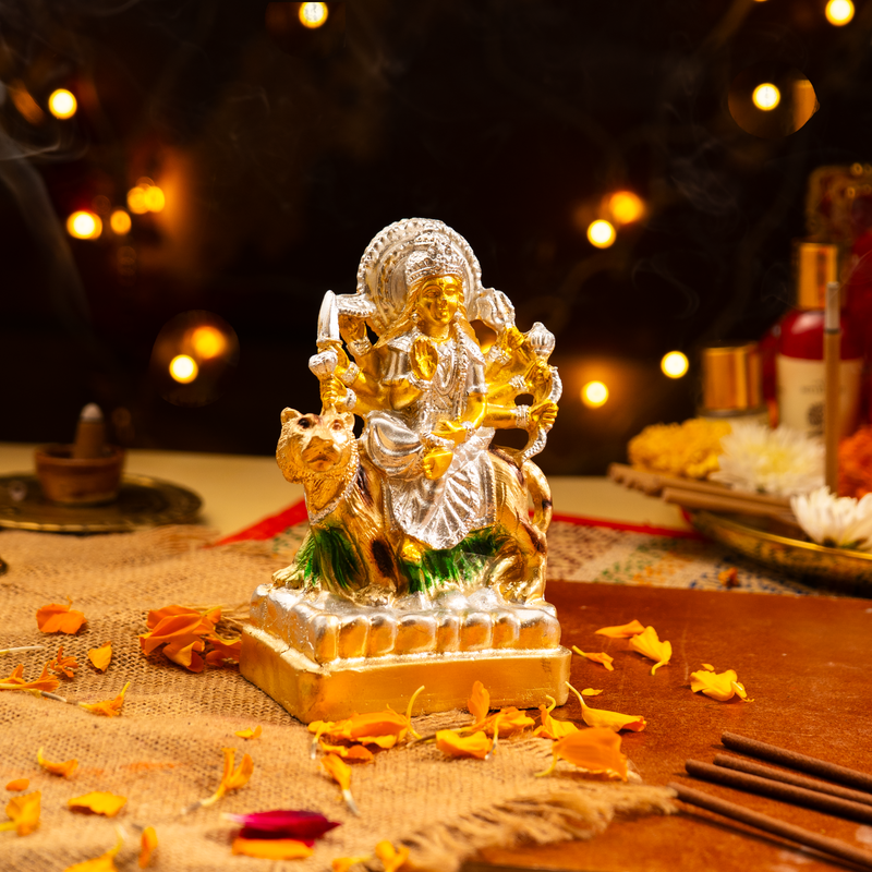 Silver and Gold Toned Maa Durga Resin Idol 5"