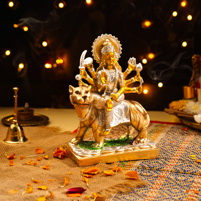 Silver and Gold Toned Maa Durga Resin Idol 7.5"