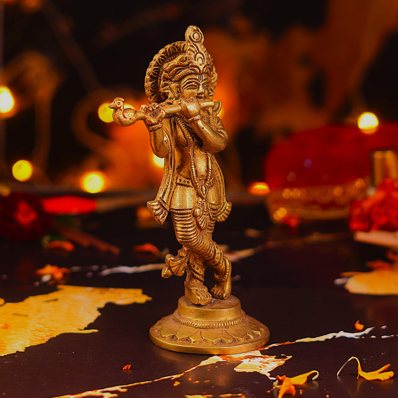 Brass Lord Krishna Statue Playing Flute 7 Inch | 730 g
