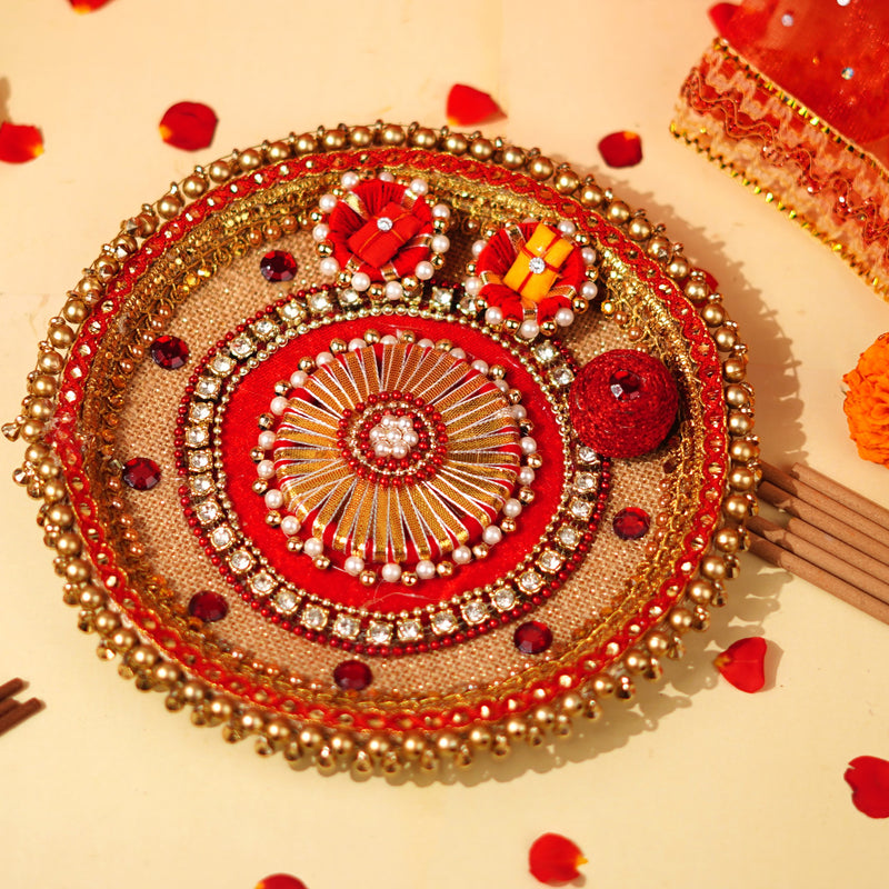 Beige and Red Festive Fabric Decorated Thali 8 "