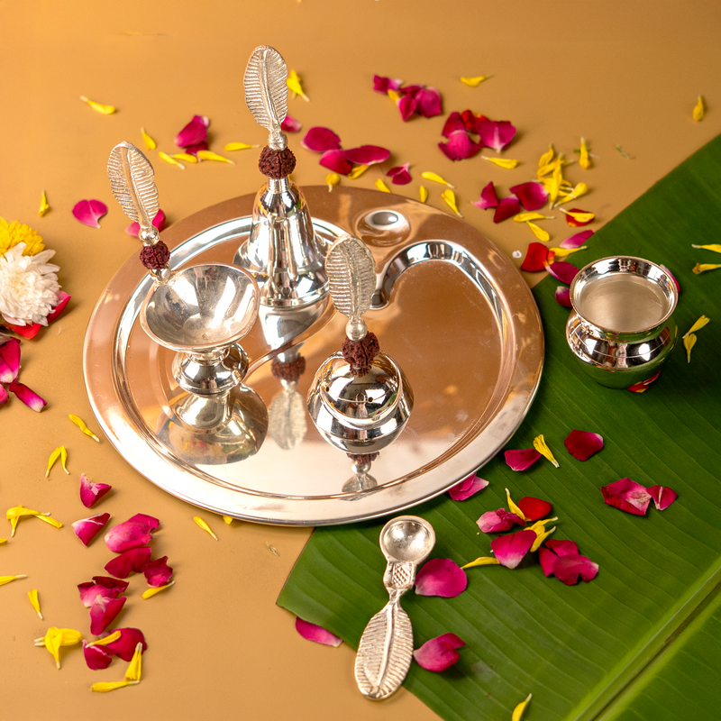 Silver Plated Rudraksha Pooja Thali Set with Premium Gift Box