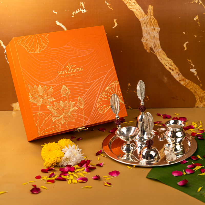 Silver Plated Rudraksha Pooja Thali Set with Premium Gift Box