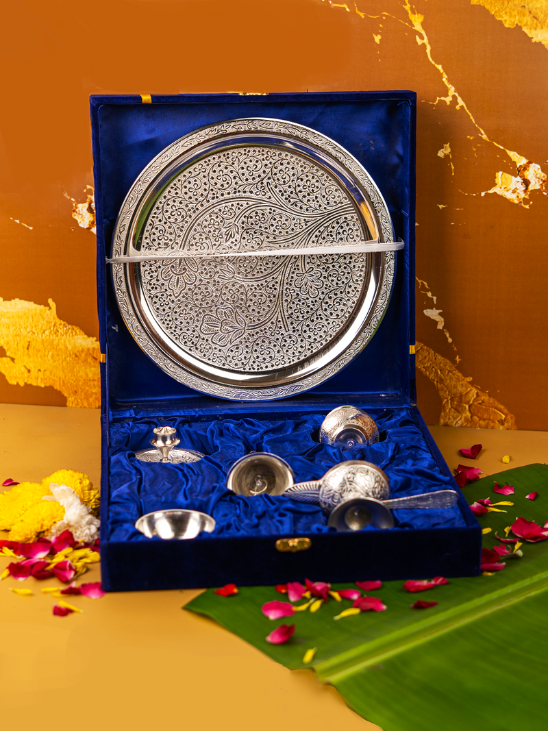 Pure Brass Silver Plated Designer Pooja Thali Set | 1.27Kg
