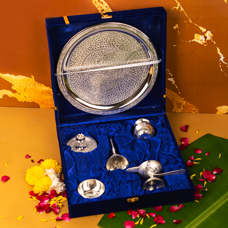 Pure Brass Silver Plated Designer Pooja Thali Set | 1.27Kg