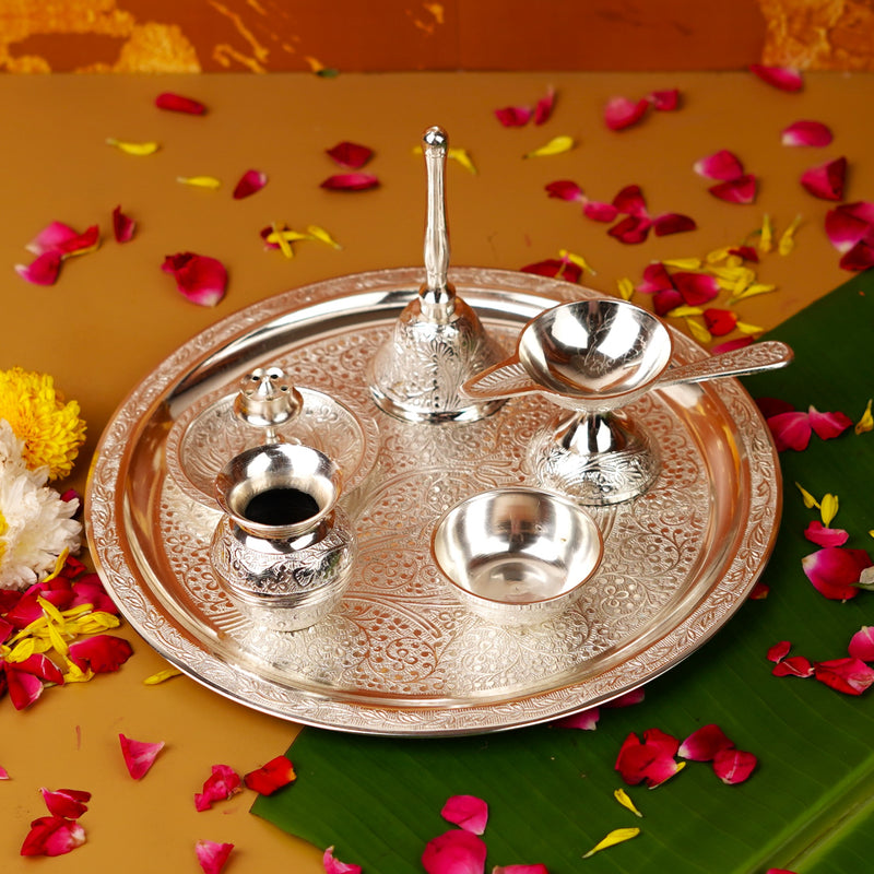 Pure Brass Silver Plated Designer Pooja Thali Set | 1.27Kg