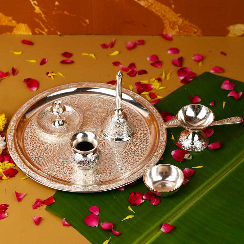 Pure Brass Silver Plated Designer Pooja Thali Set | 1.27Kg