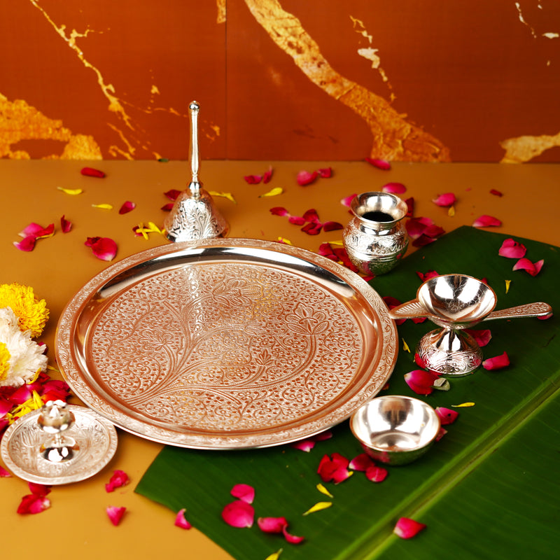 Pure Brass Silver Plated Designer Pooja Thali Set | 1.27Kg