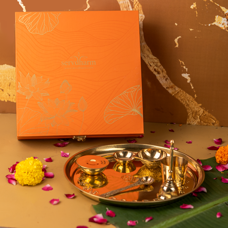 Pure Brass Gold Plated Mangal Kalash Thali Set 10 Inch