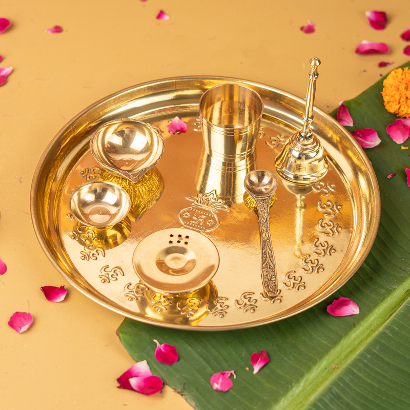 Pure Brass Gold Plated Mangal Kalash Thali Set 10 Inch