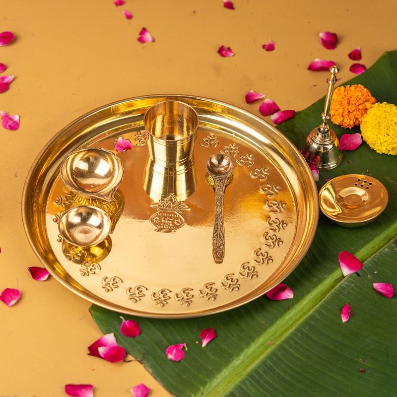 Pure Brass Gold Plated Mangal Kalash Thali Set 10 Inch