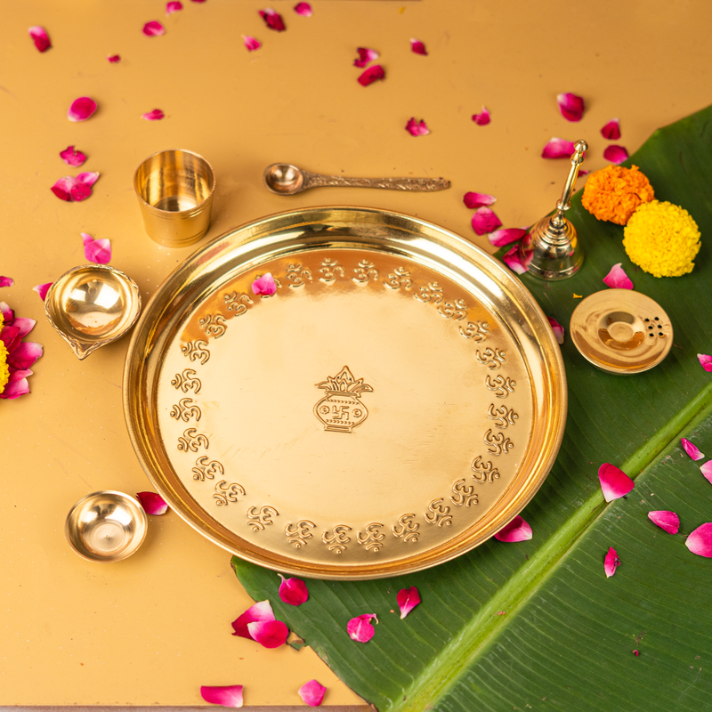 Pure Brass Gold Plated Mangal Kalash Thali Set 10 Inch