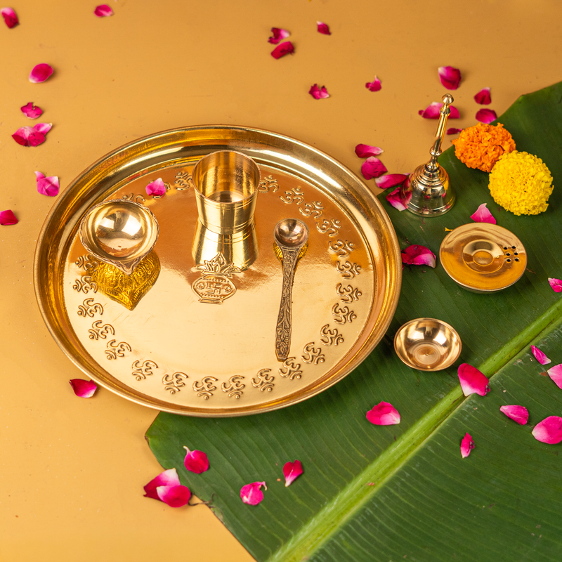 Pure Brass Gold Plated Mangal Kalash Thali Set 10 Inch