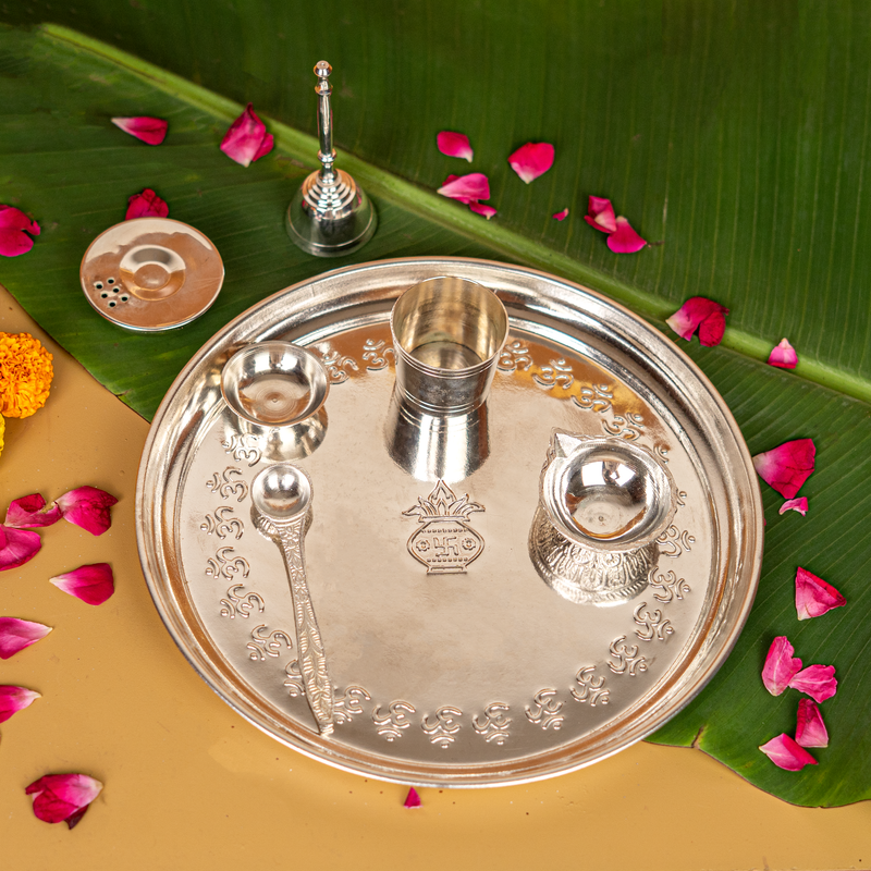 Pure Brass Silver Plated Mangal Kalash Thali Set 9"