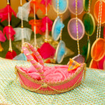 Laddu Gopal Premium Pink Velvet Boat Bed | L x W x H (13 x 7 x 4")