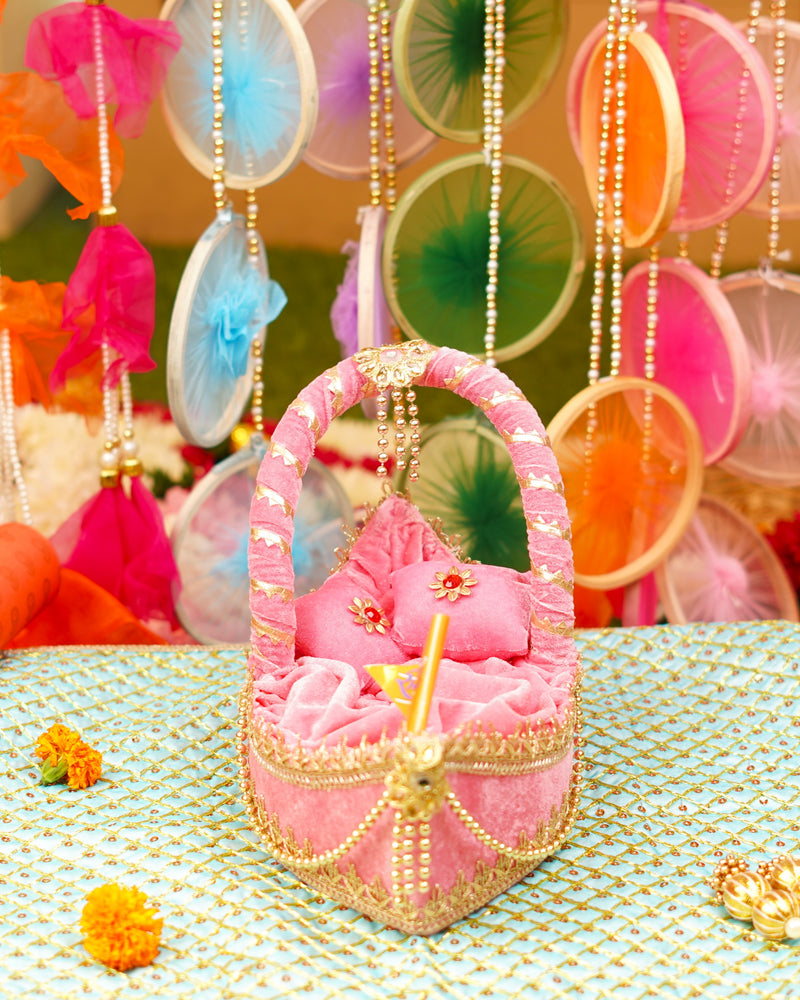 Laddu Gopal Premium Pink Velvet Boat Bed | L x W x H (13 x 7 x 4")