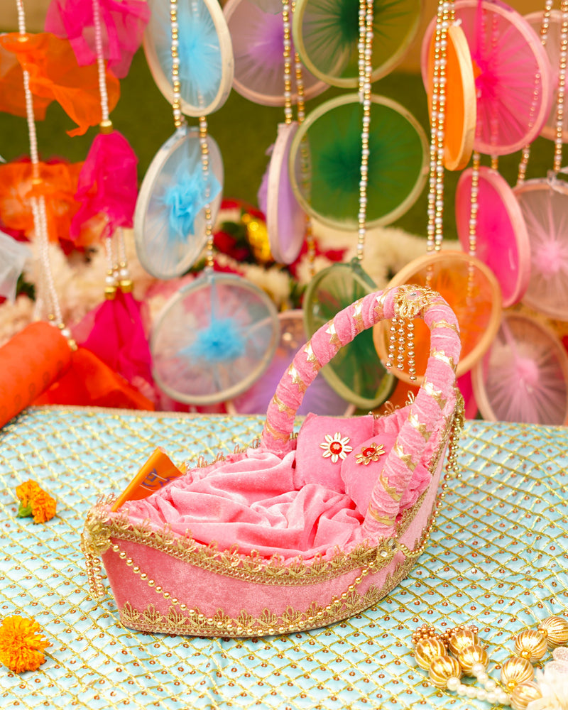 Laddu Gopal Premium Pink Velvet Boat Bed | L x W x H (13 x 7 x 4")