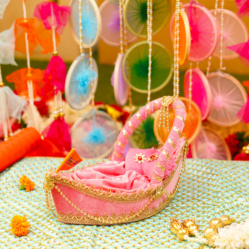 Laddu Gopal Premium Pink Velvet Boat Bed | L x W x H (13 x 7 x 4")
